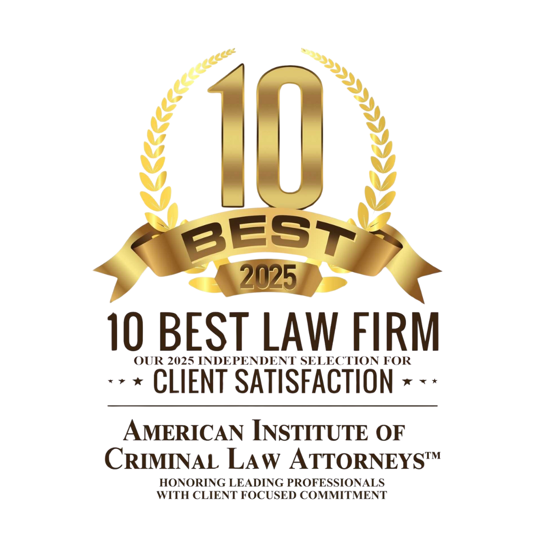 10 Best Law Firm 2025 for Client Satisfaction, American Institute of Criminal Law Attorneys, awarded to Patriot Law